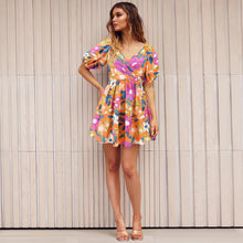 Load image into Gallery viewer, Women‘s Wear Summer New V-neck Printed Beach Lantern Sleeve Short Dress