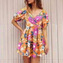 Load image into Gallery viewer, Women‘s Wear Summer New V-neck Printed Beach Lantern Sleeve Short Dress