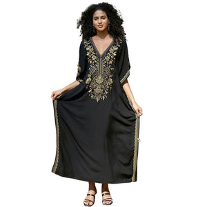 New Black Cotton Gold Thread Embroidered Beach Blouse Robe-style Embroidered Vacation Bikini Blouse