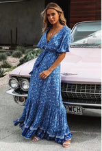 Load image into Gallery viewer, Bohemian Summer High Waist Lace up V-Neck Loose Large Hem Dress Seaside Long Dress
