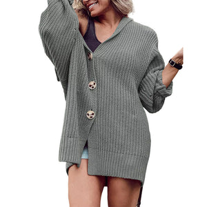 New Women's Solid Color Lapel Pocket Knitted Cardigan Button Long Coat in Autumn and Winter