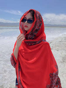 Red Ethnic Style Sunscreen Shawl Women's Summer Thin Style Wrapped with Silk Scarves, Beach Scarves