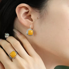 Load image into Gallery viewer, 925 Silver Retro New Ethnic Style Chicken Oil Yellow Beeswax Square Ring Earrings Niche Design Premium