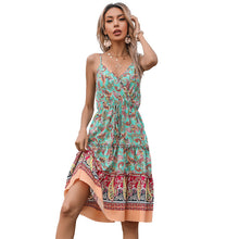 Load image into Gallery viewer, Bohemian Summer New Ethnic Floral Dress with Peach Heart Neck Strap Dress for Women
