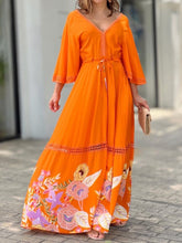 Load image into Gallery viewer, Spring/Summer Popular Lace Print Panel 7/4 Sleeve V-Neck Long Swing Dress