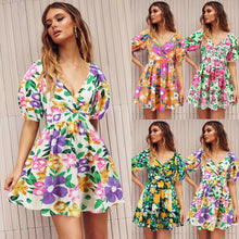 Load image into Gallery viewer, Women‘s Wear Summer New V-neck Printed Beach Lantern Sleeve Short Dress