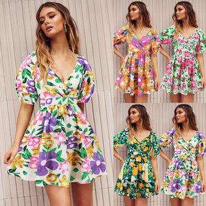 Women‘s Wear Summer New V-neck Printed Beach Lantern Sleeve Short Dress