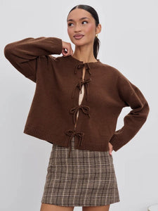 Autumn and Winter Casual Loose Cardigan Lace-up Solid Color Knitted Sweater Women