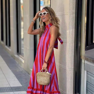 New Dress Neck Halter Striped Print Long Dress