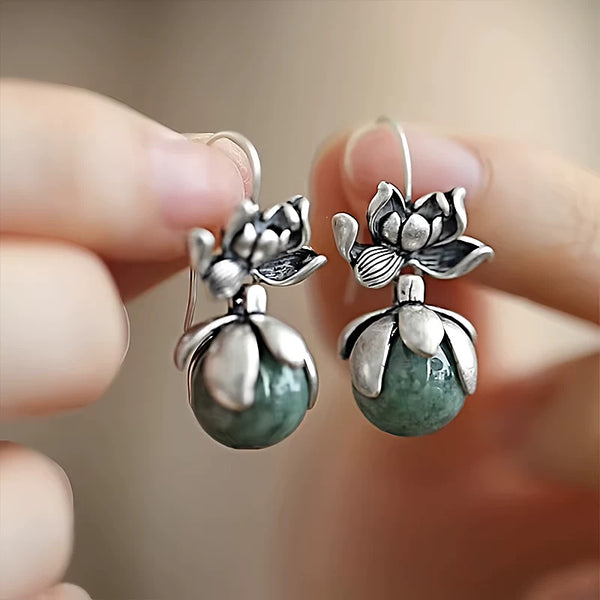 S925 Silver Good Things Lianlian Round Bead Earrings Women's Niche Design Sense Ethnic Style Lotus Anti-Allergy Earrings