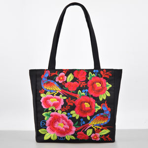 Ethnic Style Embroidered Shoulder Bag with Large Capacity Women's Tote Bag, Canvas, National Style Peony Handbag, Shopping Bag