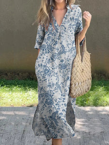New Casual Summer Loose Skirt Slit V-neck Print Imitation Hemp Dress Cotton