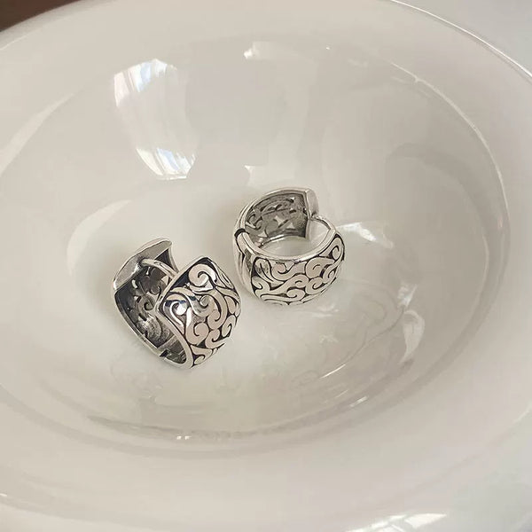 Cloud Ear Buckle Tibetan Style Retro Old Thai Silver Tang Grass Pattern Earrings