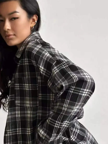 Oversized Plaid Shirt Autumn Winter Women Vintage Long Sleeve Fashion Loose Lapel Pocket Shirt Fit Blouse Korean Style