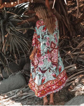 Load image into Gallery viewer, Happie Queens Women Green Peacock Print Bat Sleeve Beach Bohemian Kimono Robe Ladies V Neck  Boho Bikini Cover-ups