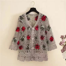 Load image into Gallery viewer, Three-Dimensional Flower Openwork Crocheted Sweater Cardigan Women&#39;s Spring And Autumn New Heavy Industry Joker Sweater 3XL Coat