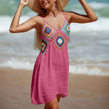 Load image into Gallery viewer, Crochet Knitted Splicing Colorful Pattern V Neck Tunic Beach Wear Hollow Bikini Cover Up Dress Beach Wear Sarong Swimsuit