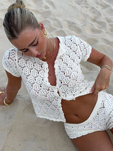 Load image into Gallery viewer, Women Crochet Hollow Out Top Shorts Set Fashion Round Neck Cardigan Crop Tops 2 Piece Sets Summer Lady Y2k Beach Party Outfit