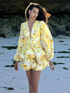 Elegant Print Ruffles Mini Dress Women Deep V Neck Long Sleeves A Line Dresses Female 2025 Spring New Fashion Fluffy Robe Lady