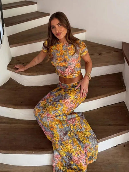 Elegant Flower Print Short Sleeve Shirt Long Skirt Set Women Bodycon O-neck Tops Skirt 2025 New Vocation Beach Street Outfit