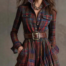 Load image into Gallery viewer, European American Women&#39;s Shirt Maxi Dress Autumn Casual Long Sleeve Button Pocket Plaid Print Lapel Retro Long Dress Vestidos