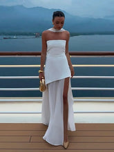 Load image into Gallery viewer, Elegant White Mesh Splicing Slim Women Strapless Dress Chic Scarf Neck Off Shoulder High Waist Long Dresses Lady Party Robes