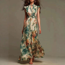 Load image into Gallery viewer, Floral Print Maxi Dress Sleeveless Ruffle Mock Neck Keyhole Front Smocked Waist Flowy Chiffon Bohemian Long Dress for Women