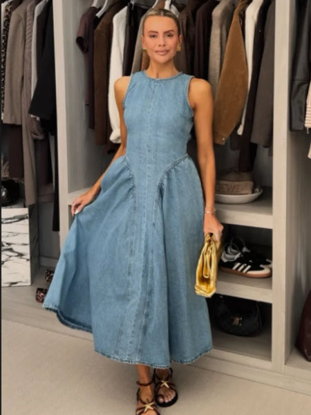 Sexy Women Backless Lace Up High Waisted Denim Dress Fashion O Neck Sleeveless A Line Dresses Spring Chic Lady Street Robes