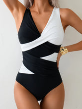 Load image into Gallery viewer, Sexy White Black Patchwork Swimwear Women Deep V Neck Cross Tummy Control One Piece Swimsuit Beach Bathing Suit Monokini 2026