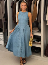Load image into Gallery viewer, Sexy Women Backless Lace Up High Waisted Denim Dress Fashion O Neck Sleeveless A Line Dresses Spring Chic Lady Street Robes