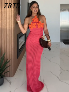 Sexy Crochet Hollow Out Long Halter Dress Women 3D Flower Backless Sleeveless Beach Dresses 2025 Summer Lady Vacation Robes New