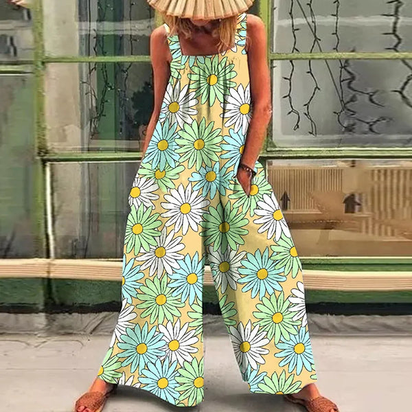 Loose casual lazy wind oversize print suspenders one-piece pants 2024 summer new straps broad leg one-piece pants woman