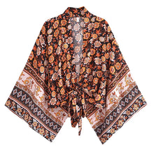 Load image into Gallery viewer, Happie Queens Floral Print Sashes Short  Kimono Women Fashion V Neck Batwing Sleeves Robe Lady Boho Bikini Cover-ups