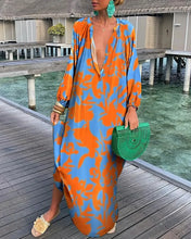 Load image into Gallery viewer, Autumn Women's Print Casual Dress New Fashion V-neck Long Sleeve Loose Holiday Party Long Dresses For Women Robe Femme 2024
