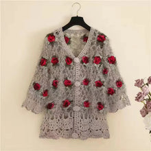 Load image into Gallery viewer, Three-Dimensional Flower Openwork Crocheted Sweater Cardigan Women&#39;s Spring And Autumn New Heavy Industry Joker Sweater 3XL Coat