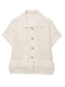 Women Crochet Hollow Out Top Shorts Set Fashion Round Neck Cardigan Crop Tops 2 Piece Sets Summer Lady Y2k Beach Party Outfit