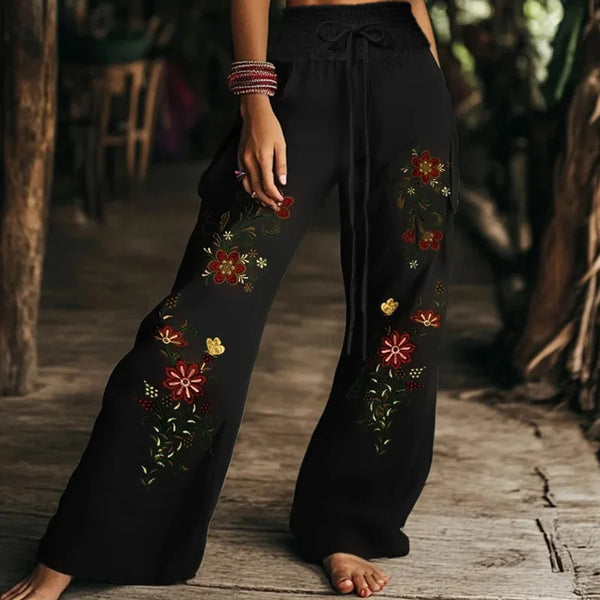 Autumn Fashion Casual Temperament Comfortable and Elegant Plant Print Women's Elastic Waist Pants