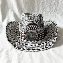 Load image into Gallery viewer, Handmade Color Matching Sun Hat Characteristic Ethnic Style Western Cowboy Straw Hat Black and White Two-color Woven Beach Hat