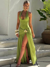 Load image into Gallery viewer, Mozision Elegant Backless Sexy Maxi Dress Set Women Halter Bodysuit And Maxi Skirt Matching Set Female Ruched Split Dress Sets