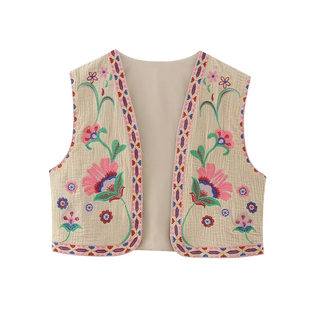 Women Vintage Floral Embroidered Open WaistCoat Ladies National Style Vest Jacket Outfits Casual Vacation Crop Top