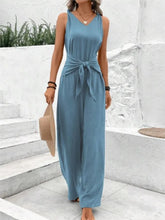 Load image into Gallery viewer, Fashion Solid Jumpsuit For Women Casual Sleeveless V Neck Lace-Up Wide Leg Pants Jumpsuits Lady Summer Holiday Womens Clothing