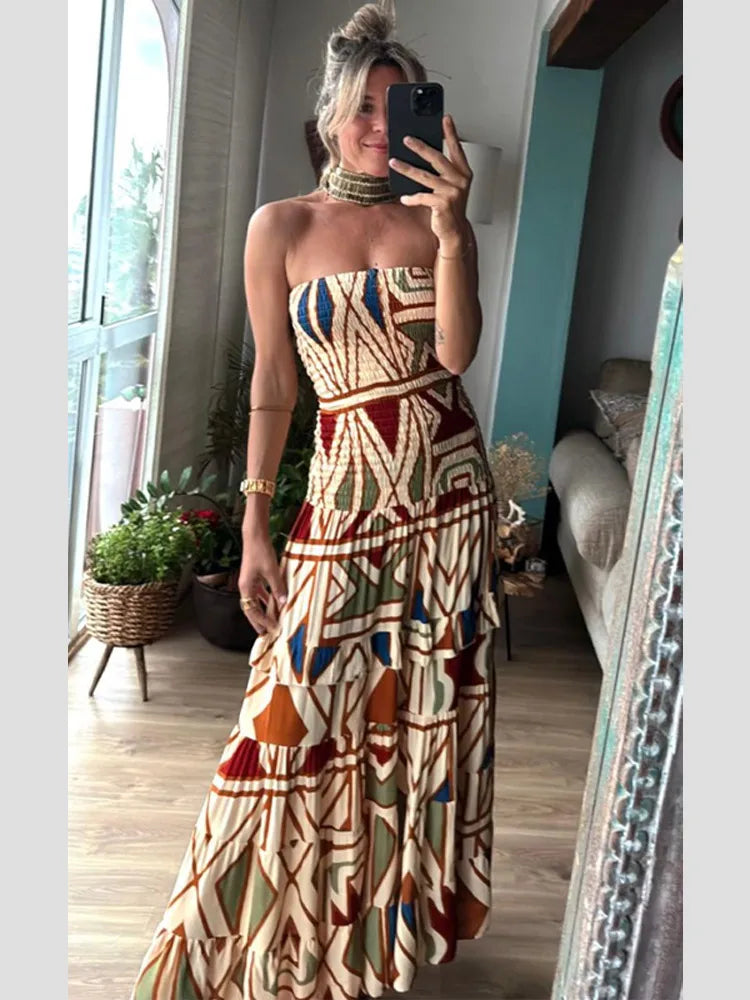 Fashion Printed Layered Curling Edge Patchwork Dresses Chic Full Sleeve Pleated U Neck Gown New Lady Vacation Highstreet Vestido