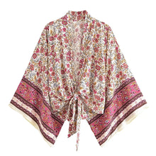 Load image into Gallery viewer, Happie Queens Floral Print Sashes Short  Kimono Women Fashion V Neck Batwing Sleeves Robe Lady Boho Bikini Cover-ups
