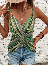 Load image into Gallery viewer, Women's sexy V-neck chain printed front twisted back camisole top, made of polyester fabric with spaghetti pattern