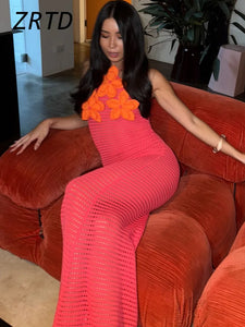 Sexy Crochet Hollow Out Long Halter Dress Women 3D Flower Backless Sleeveless Beach Dresses 2025 Summer Lady Vacation Robes New