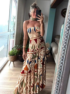 Fashion Printed Layered Curling Edge Patchwork Dresses Chic Full Sleeve Pleated U Neck Gown New Lady Vacation Highstreet Vestido