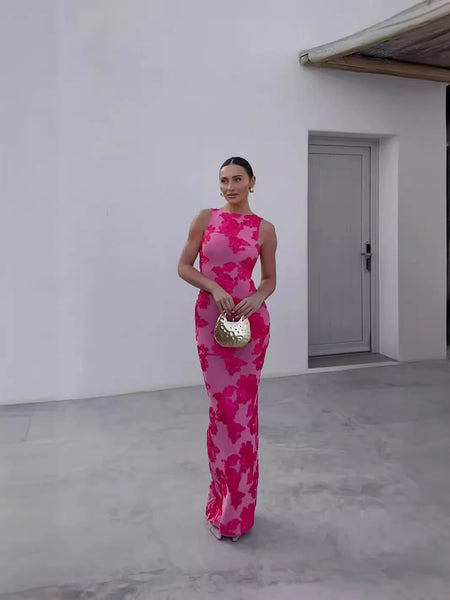 New Elegant Women Sleeveless 3d Flowers Party Dress Embroidery Mesh Slim Hip Package Female Fshion Maxi Dresses Robe