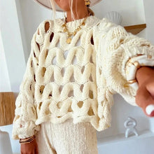 Load image into Gallery viewer, Sexy Hollow Out Long Sleeved Knitted Sweater Summer Beach O-neck Crochet Pullover Casual Solid Color Women's Loose Top Blouses