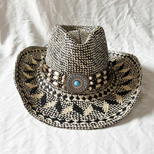 Load image into Gallery viewer, Handmade Color Matching Sun Hat Characteristic Ethnic Style Western Cowboy Straw Hat Black and White Two-color Woven Beach Hat