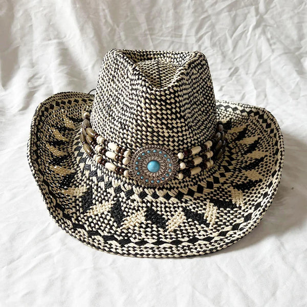 Handmade Color Matching Sun Hat Characteristic Ethnic Style Western Cowboy Straw Hat Black and White Two-color Woven Beach Hat